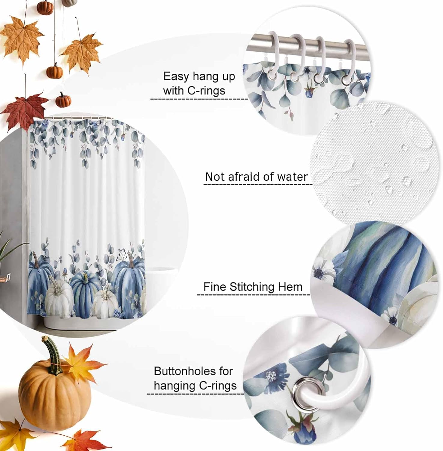 LooPoP Blue Pumpkin Shower Curtain for Bathroom White Pumpkins Green Leaves Bathroom Curtains with Hooks, Waterproof Polyester Fabric Fall Shower Curtains Holiday Thanksgiving Decor 54x78 Inch