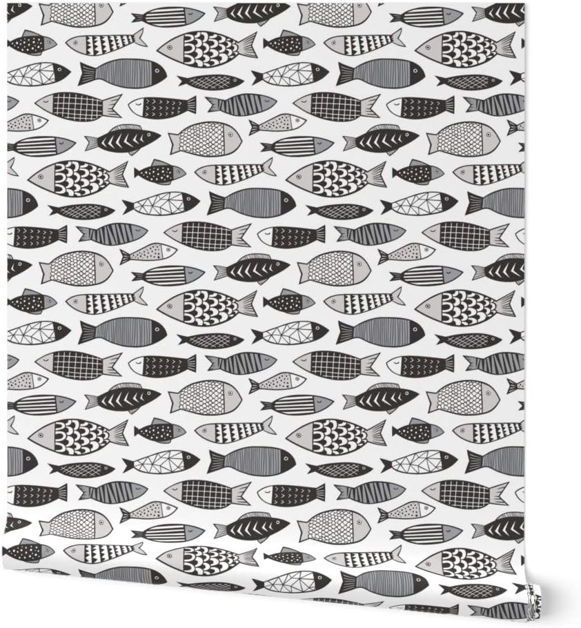 Peel & Stick Wallpaper 3ft x 2ft - Fish Geometric Gray Scandinavian Sea Nautical Black White Custom Removable Wallpaper by Spoonflower