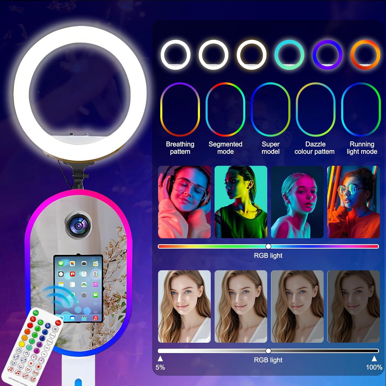 Portable Photo Booth for Camera & iPad 10.2in 10.9in 11in 12.9in 13in, 2-in-1 Design Metal Shell Selfie Station photobooth Machine, RGB Fing Light,Flight Case for for Parties,Wedding and Rental