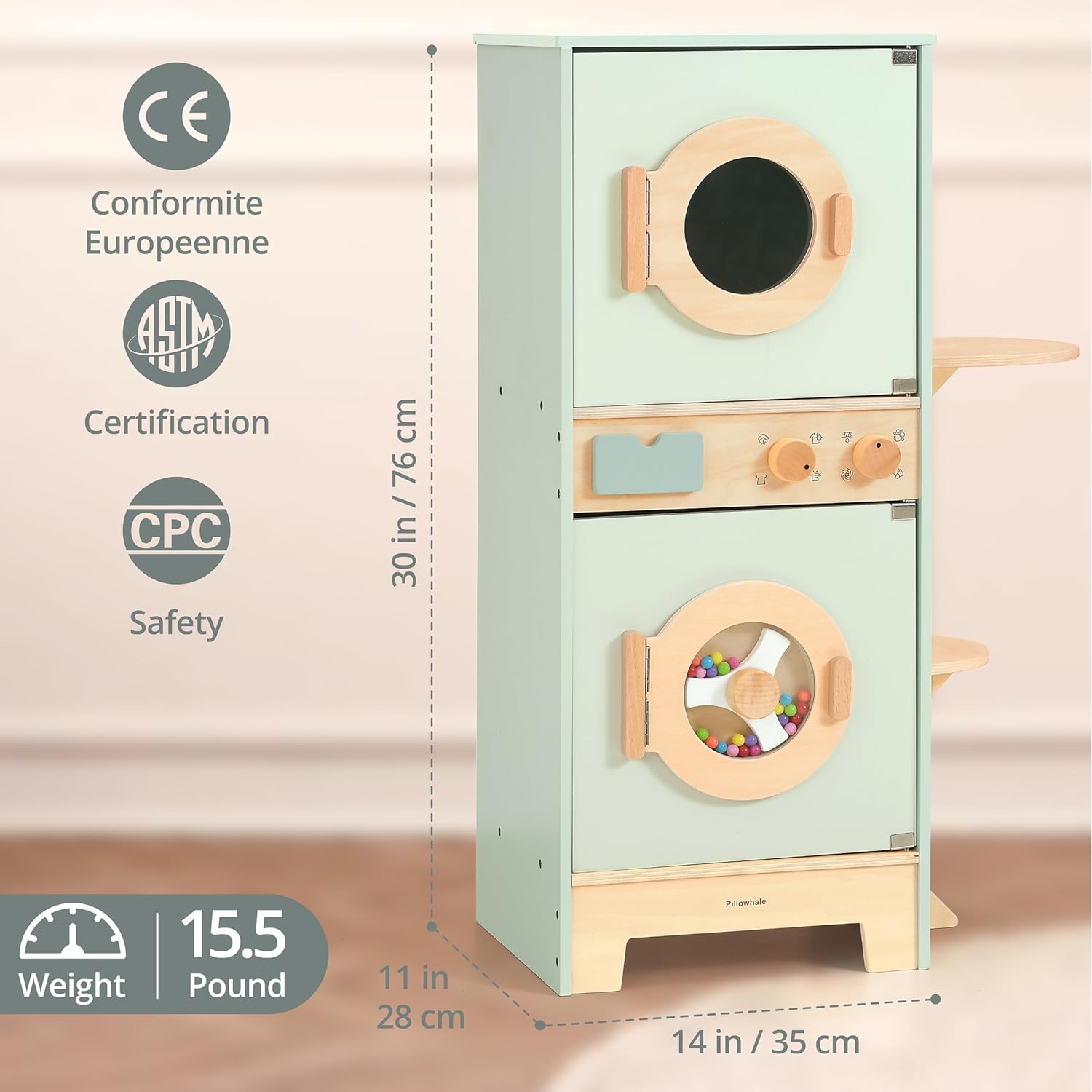 Wooden Washer-Dryer Playset for Kids – 2-in-1 Laundry Center Toy, Dual-Opening Doors, Spinning Drum & Click-Knobs, Basket + Iron Accessories – Montessori Pretend Play Gift Ages 3-6
