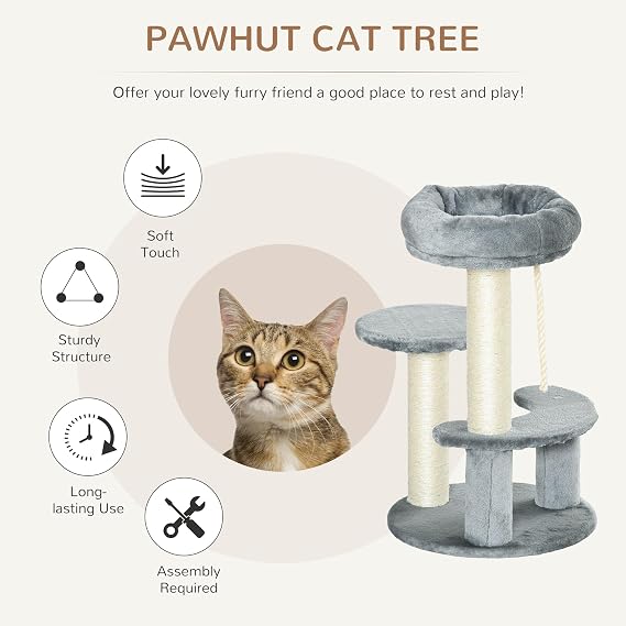PawHut 65cm Cat Tree for Kittens with Sisal Scratching Posts Perches Grey