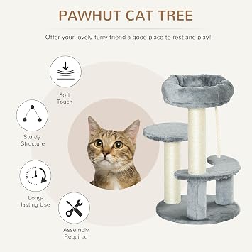 PawHut 65cm Cat Tree for Kittens with Sisal Scratching Posts Perches Grey