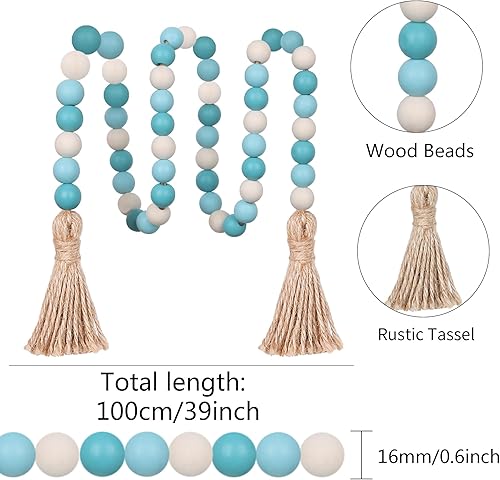 Vista 6 de Meplait Wood Bead Garland,39in Farmhouse Beads with Tassels Boho Beads for Tiered Tray Decorative Beads Home Decor Azul y natural