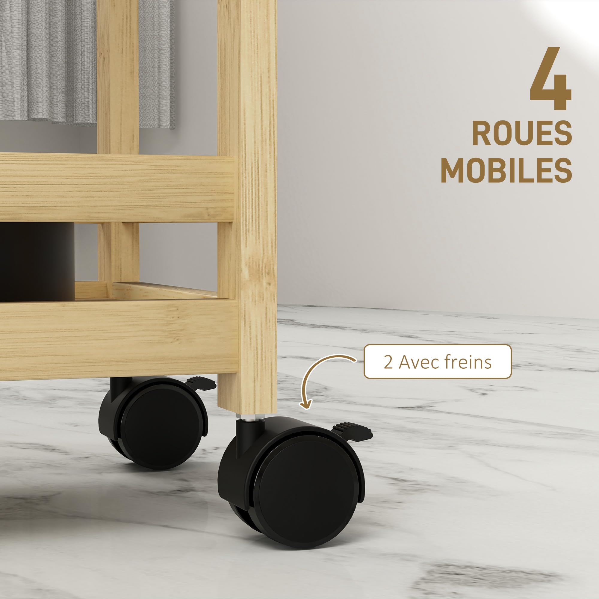 HOMCOM Étagère de Rangement de Salle de Bain en Bambou à 3 Niveaux, Chariot de Rangement, Meuble Salle de Bain avec roulettes pour Cuisine, Salle de Bain, Salon, dim. 55 x 20 x 75 cm - Naturel