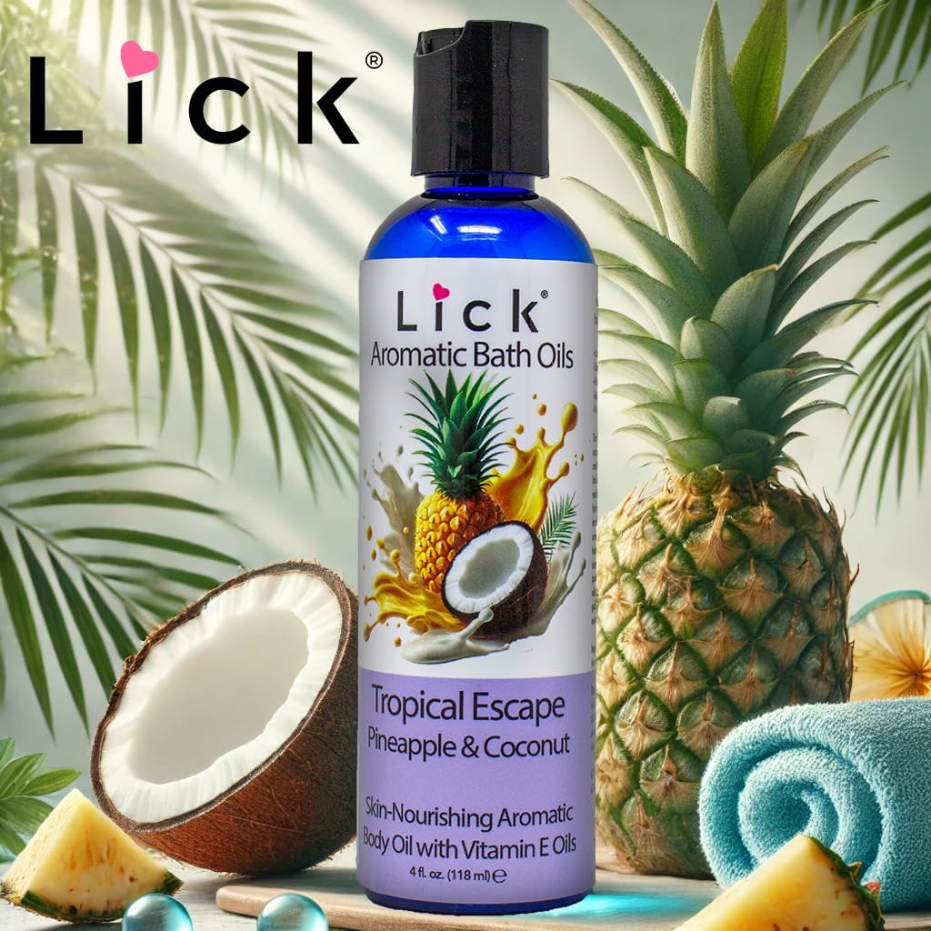 Lick Pineapple and Coconut Aromatic Bath Oil - Tropical Escape Aroma - Soothing Bath Soak Oils, 4 oz