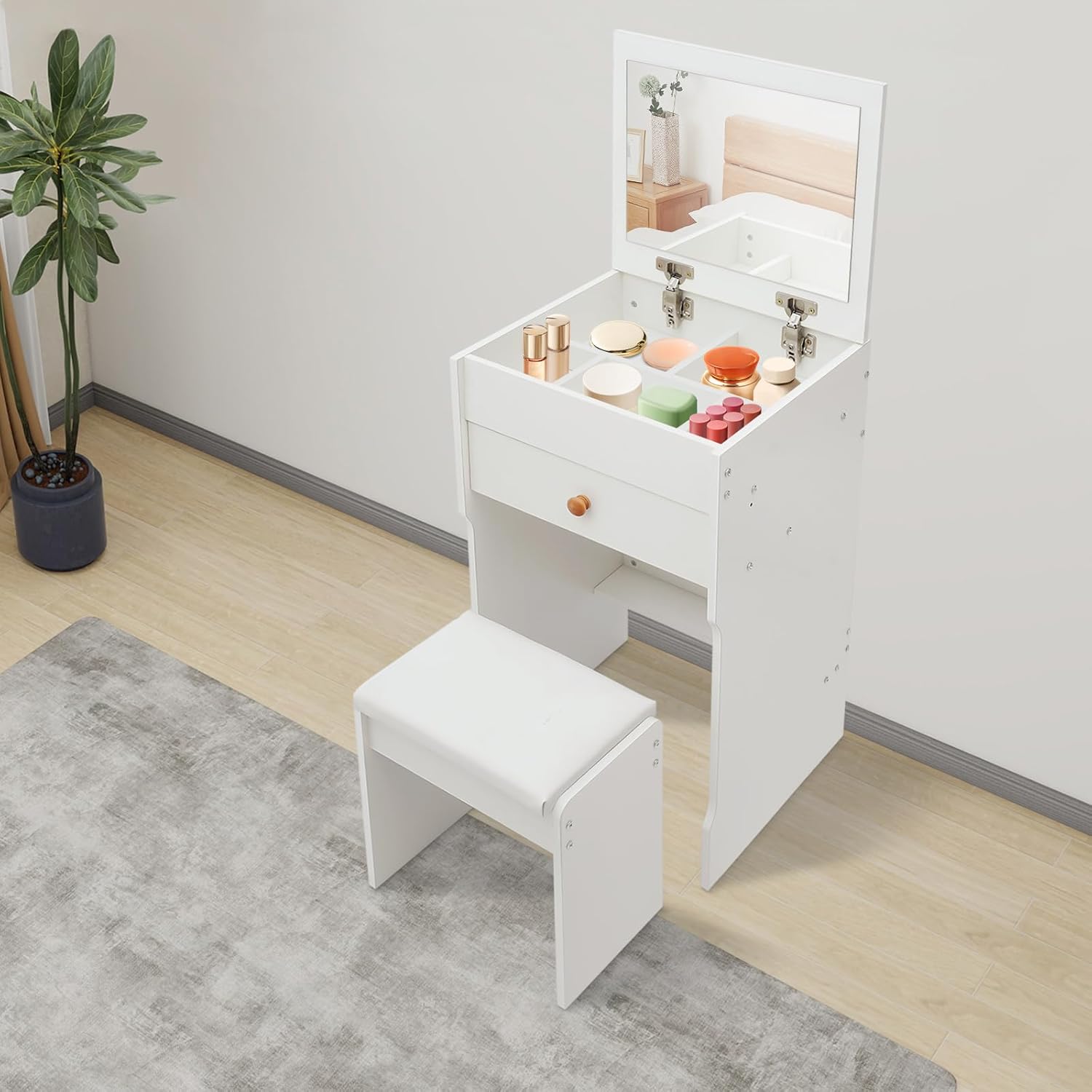 Small Makeup Vanity Desk Set with Stool, 15.8" Small Dressing Table with Drawer & Flip-Top Mirror, Multi-Functional Bedside Table, Space-Saving Bedside Nightstand, White