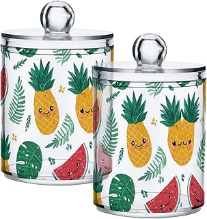 2 Pack Apothecary Jars Tropical Summer Watermelon Bathroom Vanity Storage Organizer Set,Small Clear Plastic Storage Jars Bathroom Canister for Cotton Swabs, Rounds, Balls, Qtips,Makeup Sponges,