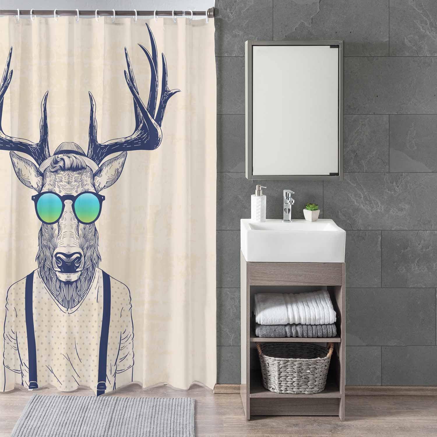 Woutay Shower Curtain Mould Proof Resistant Cool Deer Man,Water Repellant Fabric,Polyester,with 12 Plastic Hooks - Image 3