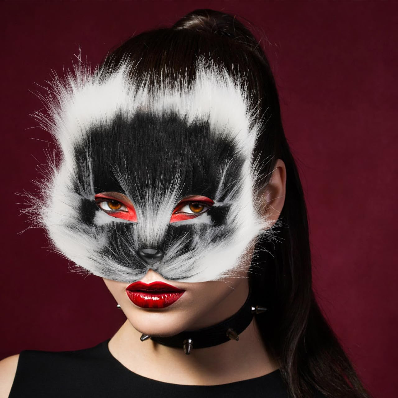 Amosfun Fox Face Half Mask with Realistic Fur 7.48X7.48X3.54 Inches for Halloween Masquerade Cosplay Party Accessory Animal Therian Mask