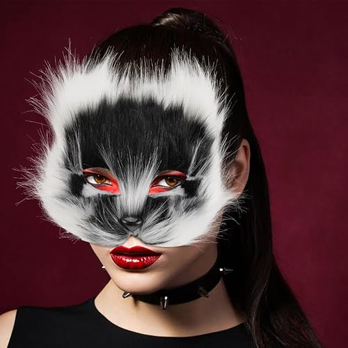 Miniatura 3 de Amosfun Máscara de zorro de Halloween, máscara de gato peludo, disfraces de cosplay, accesorios de fiesta de Halloween, suministro de 7.48 x 7.48 x