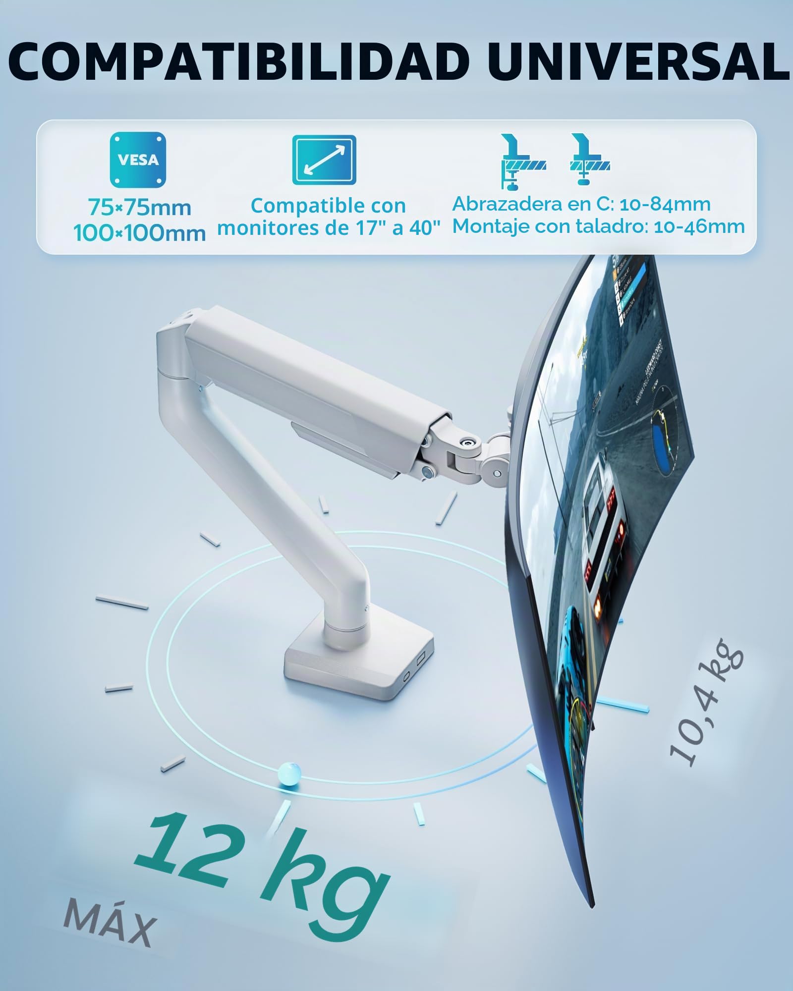 ARES WING Soporte de Monitor 17"-40" para Pantallas Planas y Curvas, Brazo de Monitor Altura Ajustable, Carga Máxima 12 kg, Compatible con VESA 75x75/100x100, Montaje de Escritorio Ergonómico