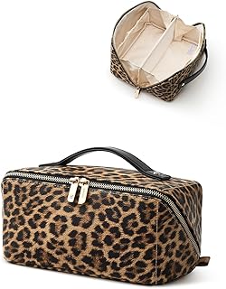 EACHY Travel Makeup Bag for Women, Large Leopard Print Cosmetic Bag with Upgraded Sturdy Zippers, Waterproof Leather Toiletry Organizer...