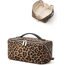 EACHY Travel Makeup Bag for Women, Large Leopard Print Cosmetic Bag with Upgraded Sturdy Zippers, Waterproof Leather Toiletry Organizer Pouch for Skincare Accessories