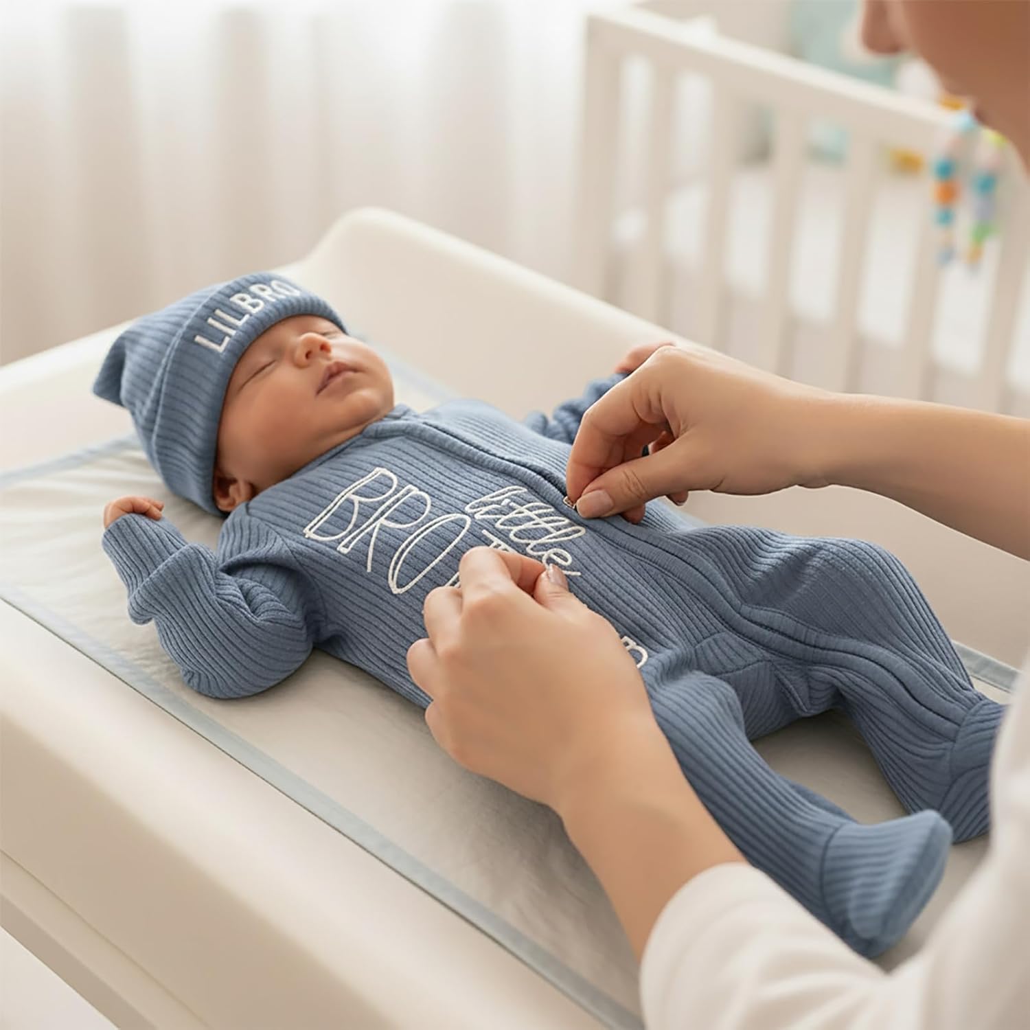 Newborn Baby Boy Outfits Zippered Romper Letter Embroidered Coming Home Jumpsuit with Hat Mittens - Image 5