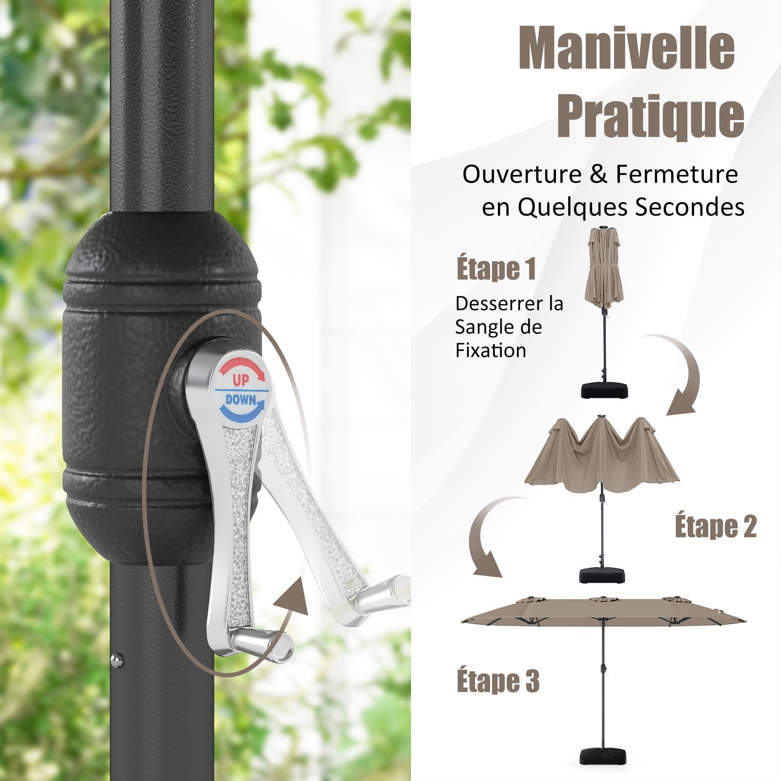 GOPLUS Grand Parasol de Jardin Exterieur avec Pied, 4M Parasol Rectangulaire Double Face pour 6 Personnes avec LED, Manivelle et Ventilation, pour Marché, Piscine, Terrasse, Balcon (Café)