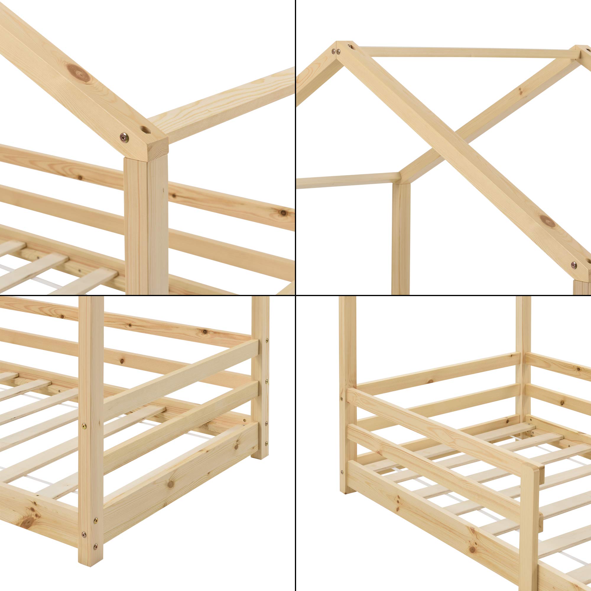 [en.casa] Letto per Cameretta a Forma di Casetta Letto per Bambini con Barriere di Sicurezza 80 x 160 cm Struttura in Legno di Pino con Sponde - Naturale