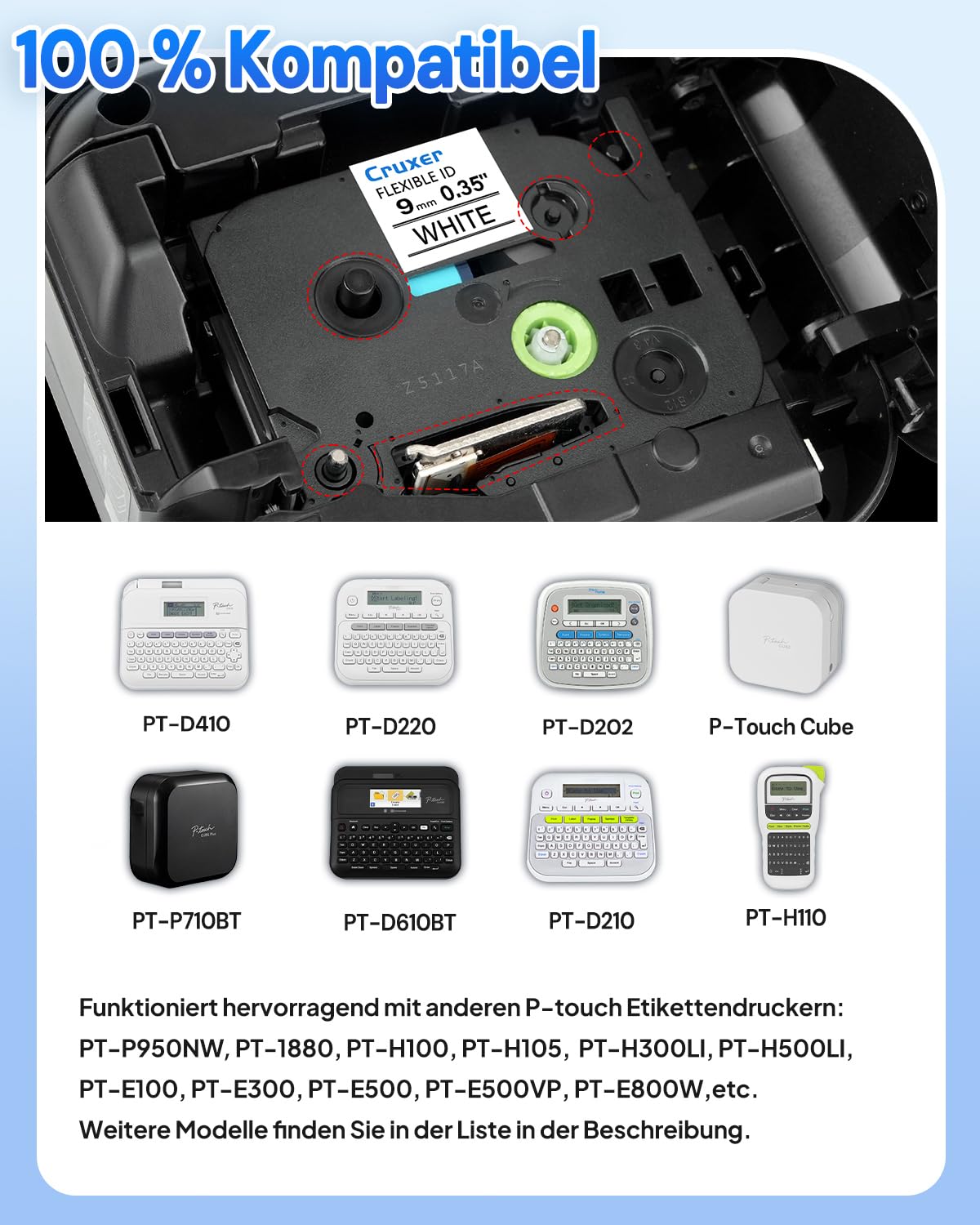 Cruxer 50er-Pack Kompatibel mit Ptouch TZeFX221 9 mm Schwarz auf Weiß | TZeFX221 Flexible ID laminiertes Etikettenband Ersatz für Ptouch PT-H110 H100 H105 P300BT E110 D200 Etikettendrucker