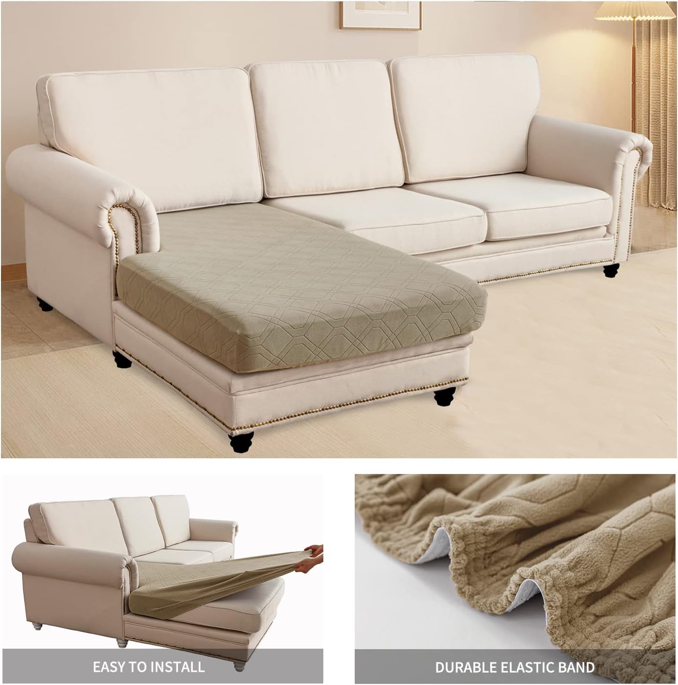 OKYUK Sectional Couch Covers Jacquard Sofa Seat Cushion Covers, L Shape Separate Cushion Couch Chaise Cover Elastic Furniture Protector for Both Left/Right Sectional Couch (Khaki, 1 Chaise)
