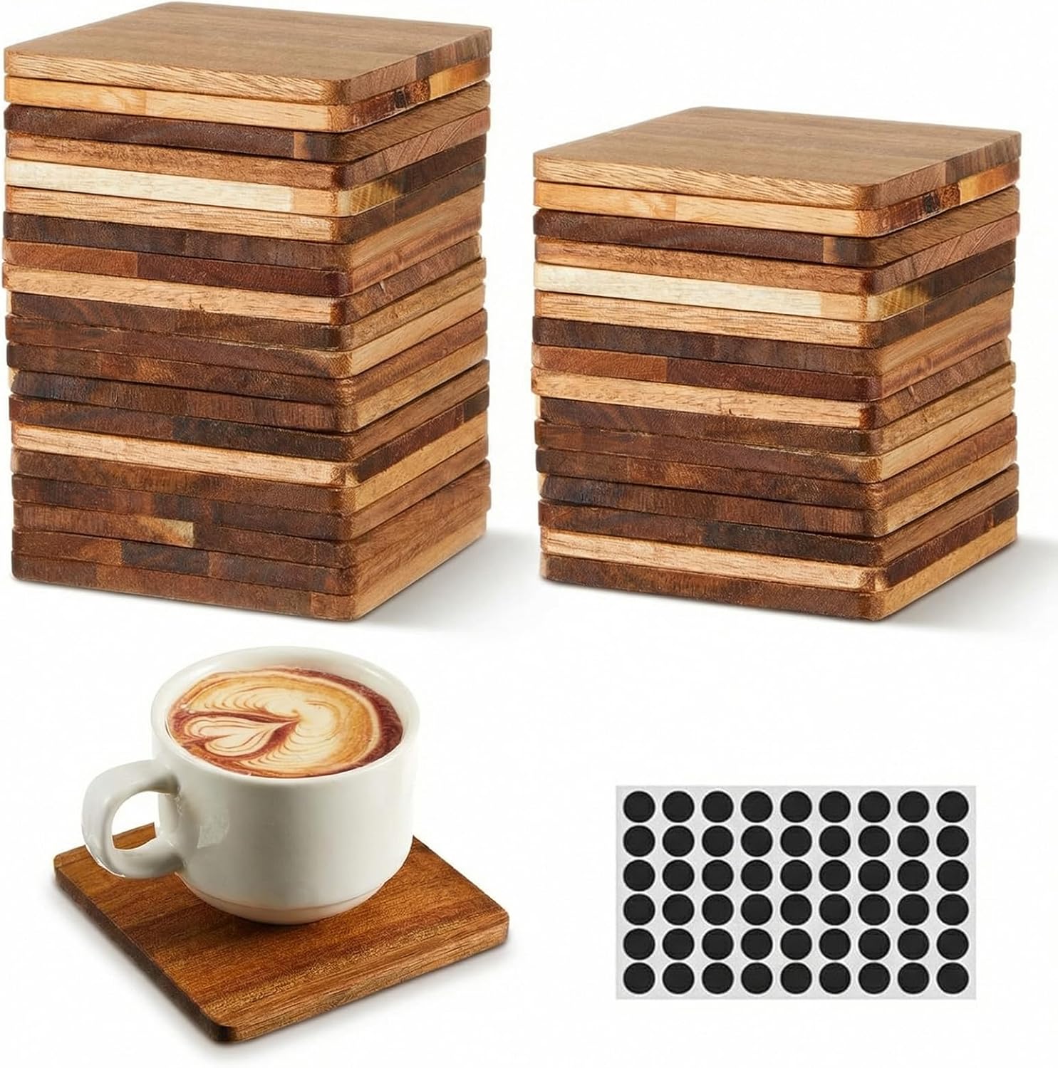 36 Pcs Unfinished Acacia Wood Coasters Bulk, 4 Inch Square Wooden Coasters for Crafts with Non-Slip Silicon Dots for DIY Stained Painting Wood Engraving Home Decoration (Square)