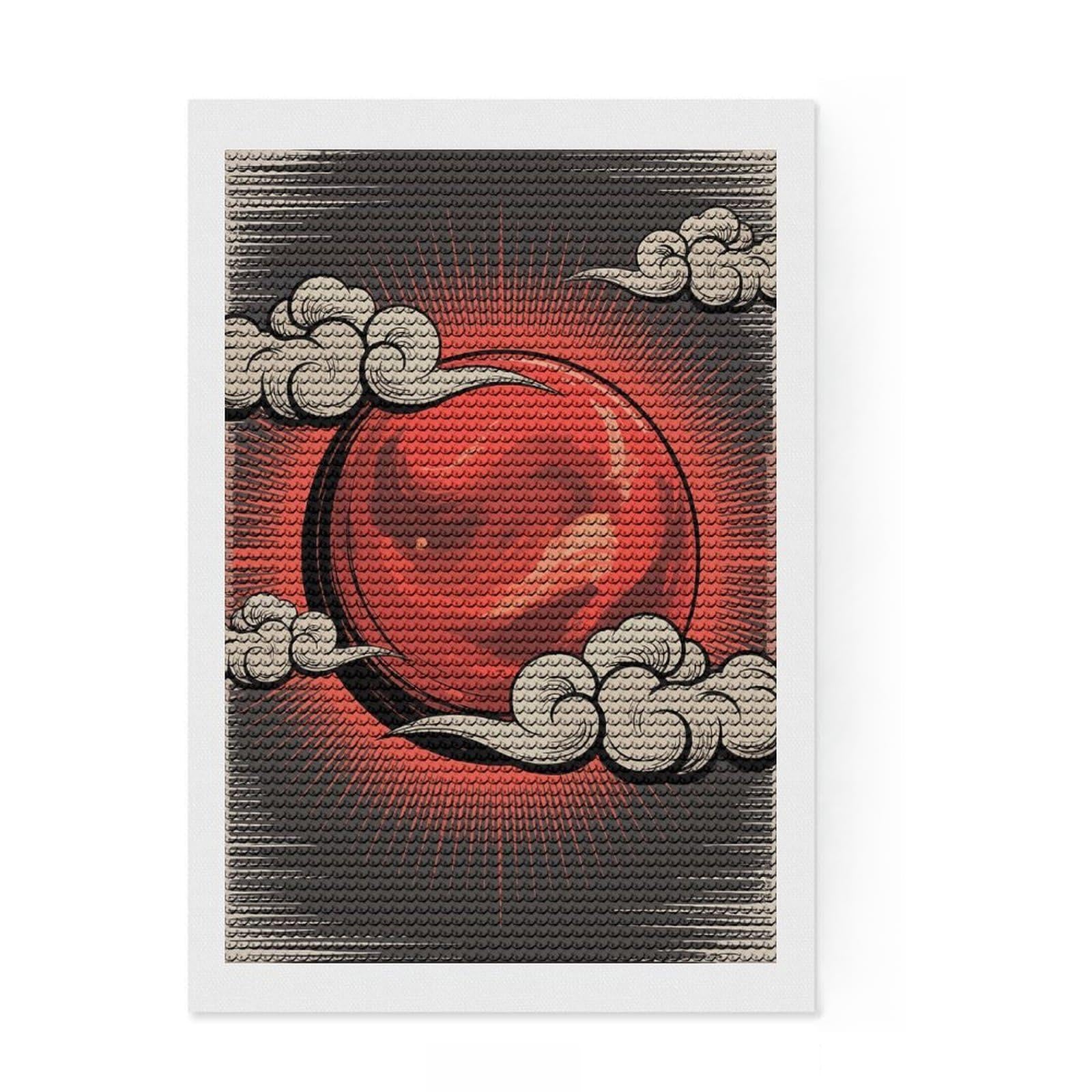 Junmoney Red Sun with Clouds and Rays Diamond Art Canvas 8"x12", for Teens, Neat Printed Canvas, Birthday Gift, Vintage Style Decor, Finish and Display