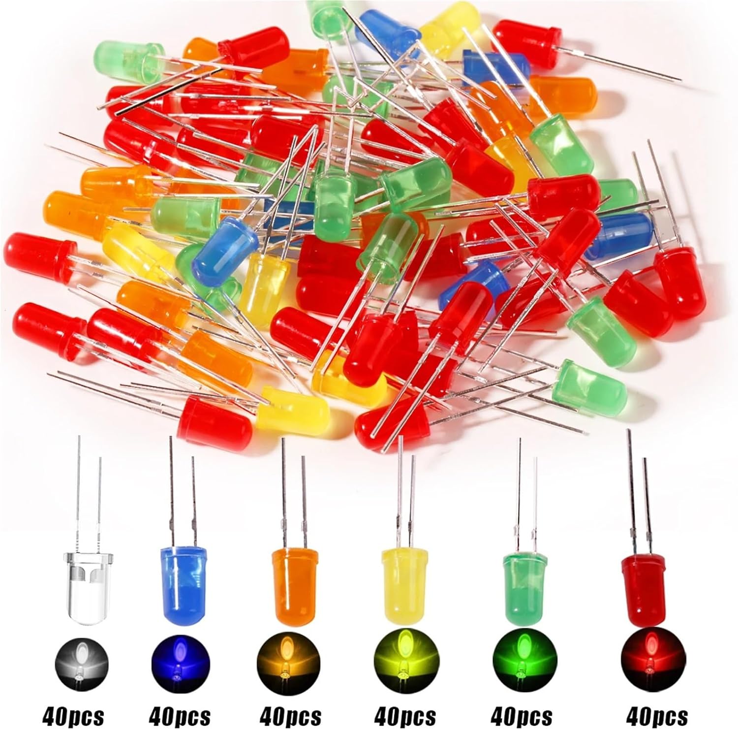 Individual Led Lights 3sets 5mm LED Diodes Assortment Kit Light Emitting F5 White Green Red Blue Yellow Orange(5mm Clear Mix)