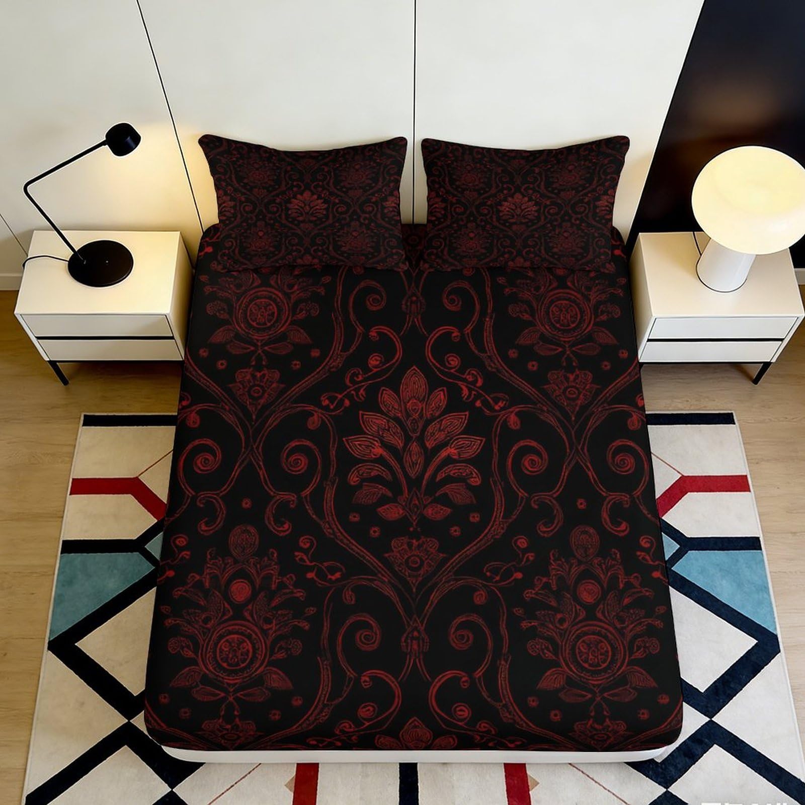 3D Printed Baroque Floral Fitted Sheet Microfiber Elegant Red Black Damask Mattress Cover Bedroom Decor 90x200x25cm