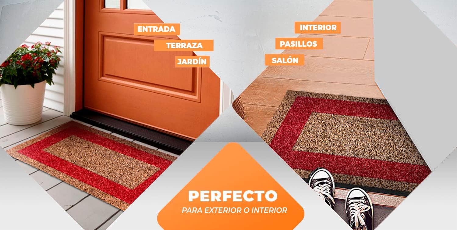 LUCA HOME - Felpudo Entrada casa - Felpudo Fibra de Coco Natural Antideslizante - Original y Elegante - Exterior e Interior - Resistente para hogar, Oficina, terraza y jardín (Rojo, 80 x 140 cm)