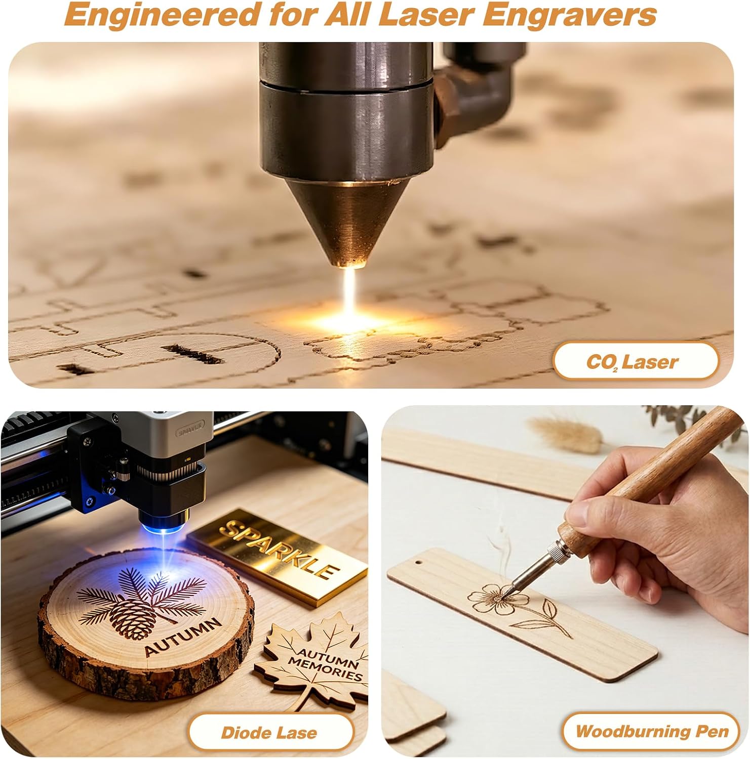 Ecoofor 148 PCS Laser Engraving Materials Kit, Mixed Laser Engraving Blanks Sample Pack with Acrylic, Metal, Wood, Leather, Glass, Rubber & Fabric for Laser Engraver Cutter Testing