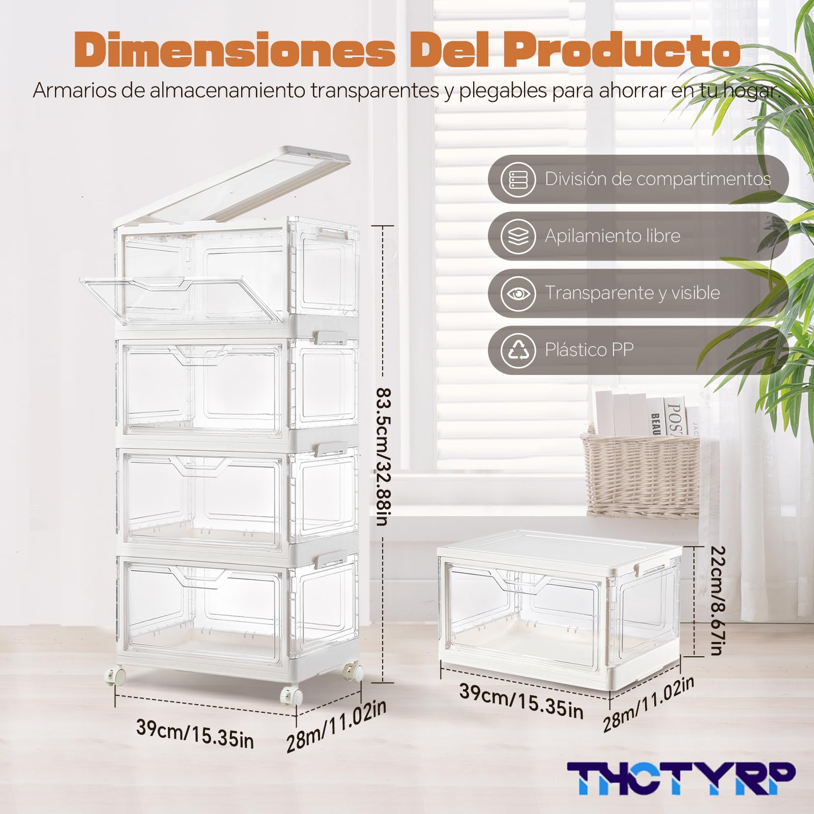 Caja de Almacenamiento 23L, 4 Unidades, Transparentes con Tapa | Apilables, Plegable, Con Puerta, Con Ruedas
