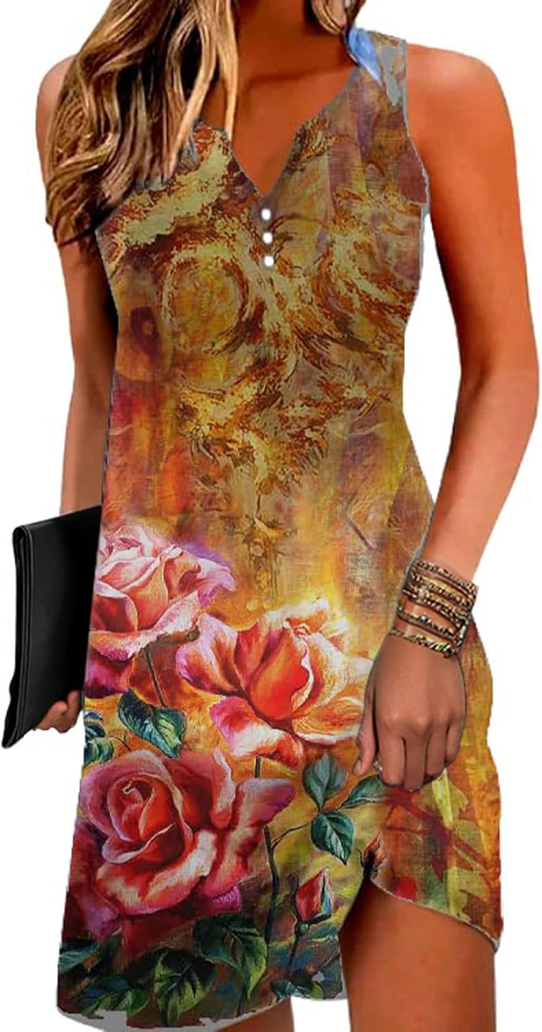 Disamer Womens Summer Dress 2026 Casual Button Down V Neck Sleeveless Boho Floral Beach Sundresses Vacation A-Line Dresses