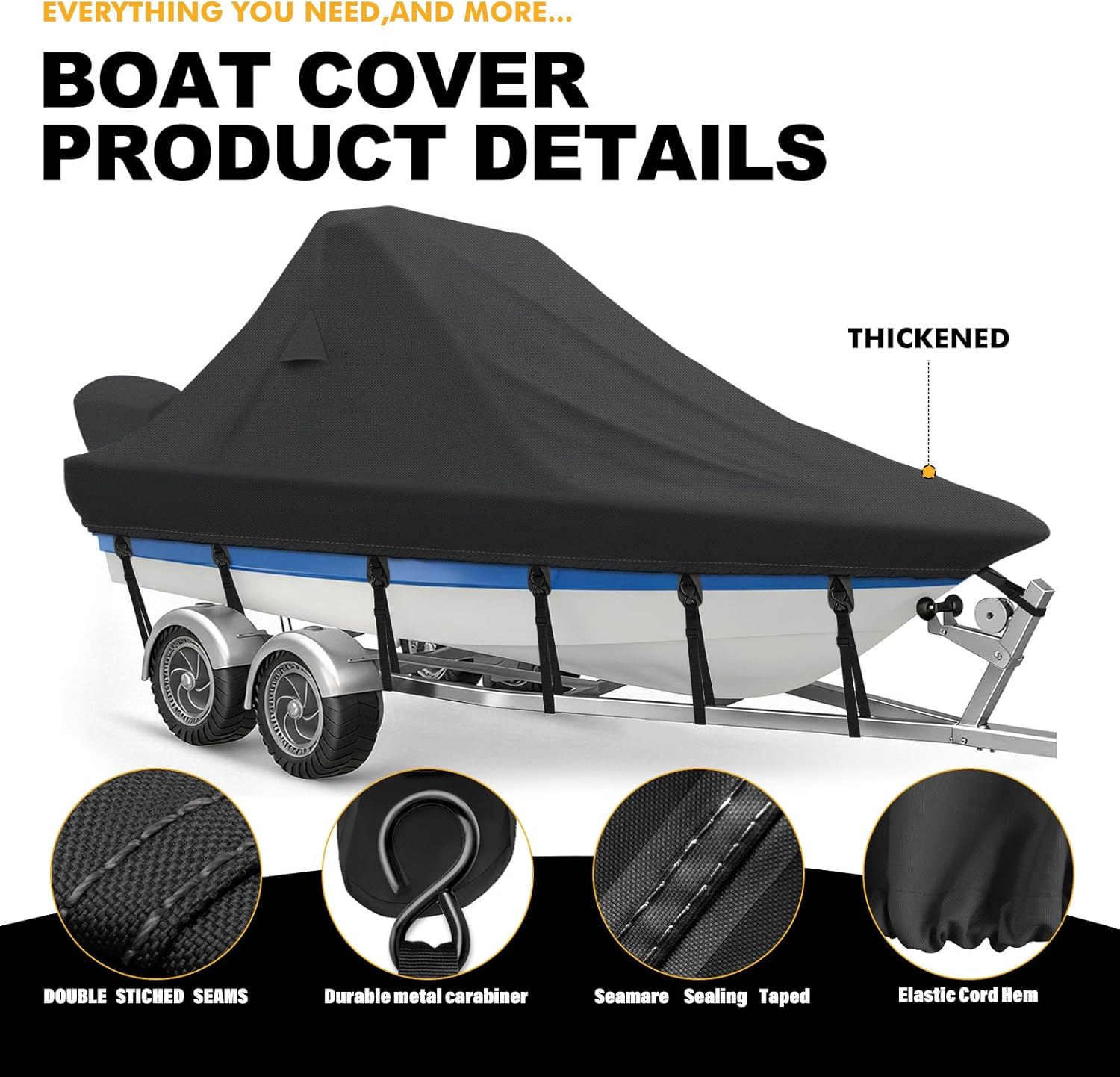 1200D Wake Tower Boat Cover with Adjustable Metal Hooks,Heavy Duty Wakeboard Boat Cover Waterproof, Fits 21-23ft V-Hull Ski/Wakeboard Boats,Black
