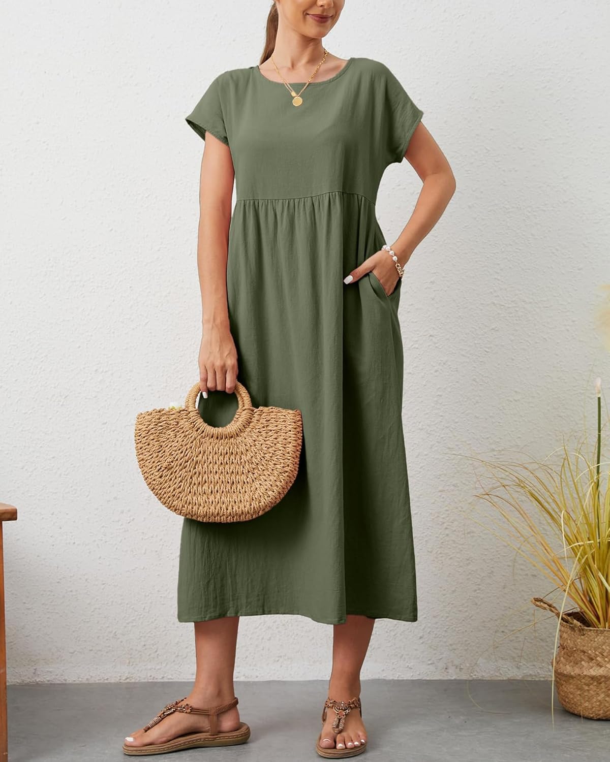 Cotton Dresses for Women 2025 Women's Summer Short Sleeve Midi Dress Casual Loose Beach Dress with Pockets