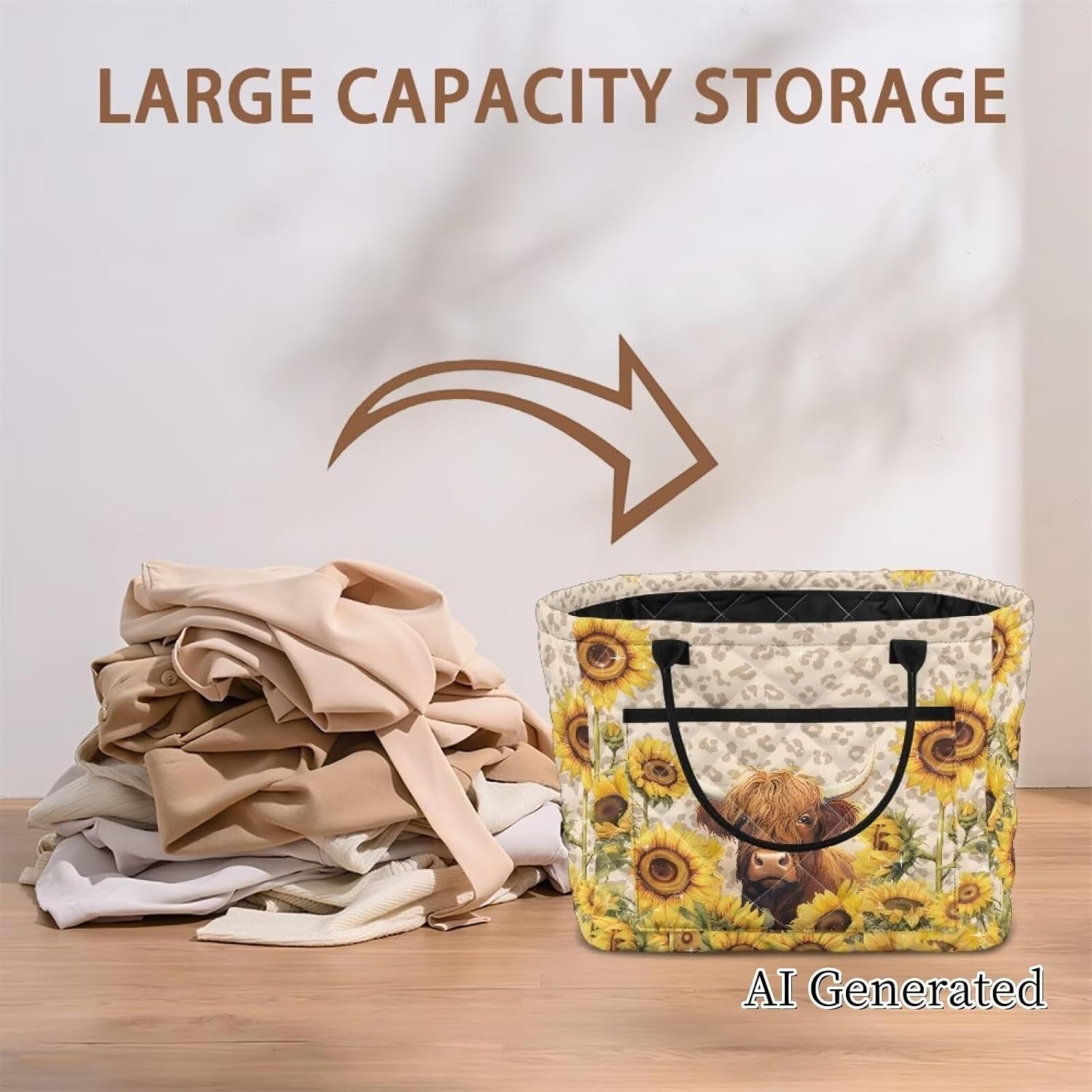 Boho Fabric Storage Basket Quilted Highland Cattle Baskets Organizer Bin with Handles for Home, Picnic, Shopping image 4