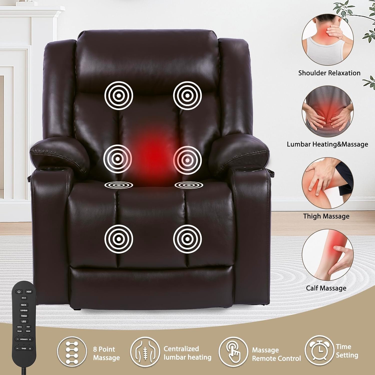 EONIX Dual Motor Oversized Power Lift Recliner Chair for Elderly, 400lbs Heavy Duty Faux Leather Recliner with Massage and Heat, Big and Tall Lay Flat Lift Chair with Cup Holders, SLRY006, Dark Brown