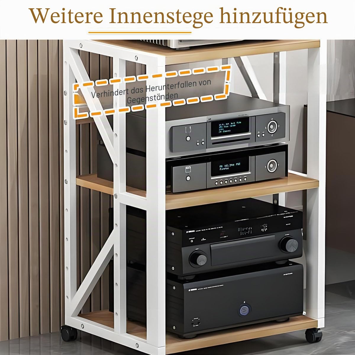 Audio Rack mit 2/3/4 Ebenen, HiFi Regal mit Rollen, Audio Schrank für Zuhause, Verstärker-Rack mit Ablagen, TV Rack HiFi Möbel, beweglicher AV Turm für Stereoanlage & Heimkino