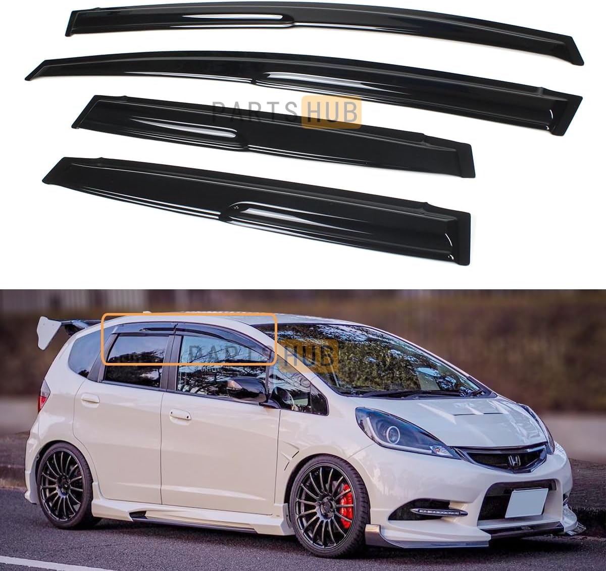 Fits for 2009-2014 Honda Fit GE8 Hatchback 3D Wavy JDM Mugen Style Window Visors Rain Guards Deflectors