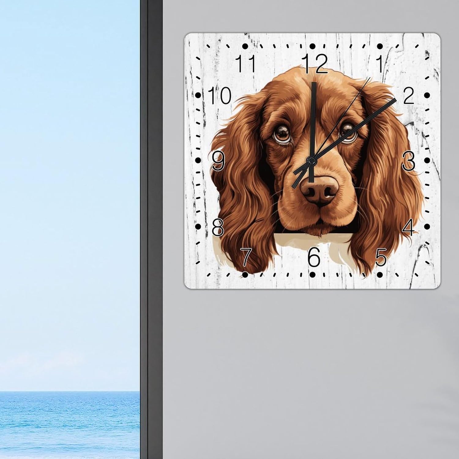 Sussex Spaniel Wall Clock Sussex Spaniel Cute Funny Peeking Dog Puppy Wood Wall Clock Pet Owner Gift Square Art Clocks Non-Ticking Silent Wall Clock for Home Living Room 15x15in