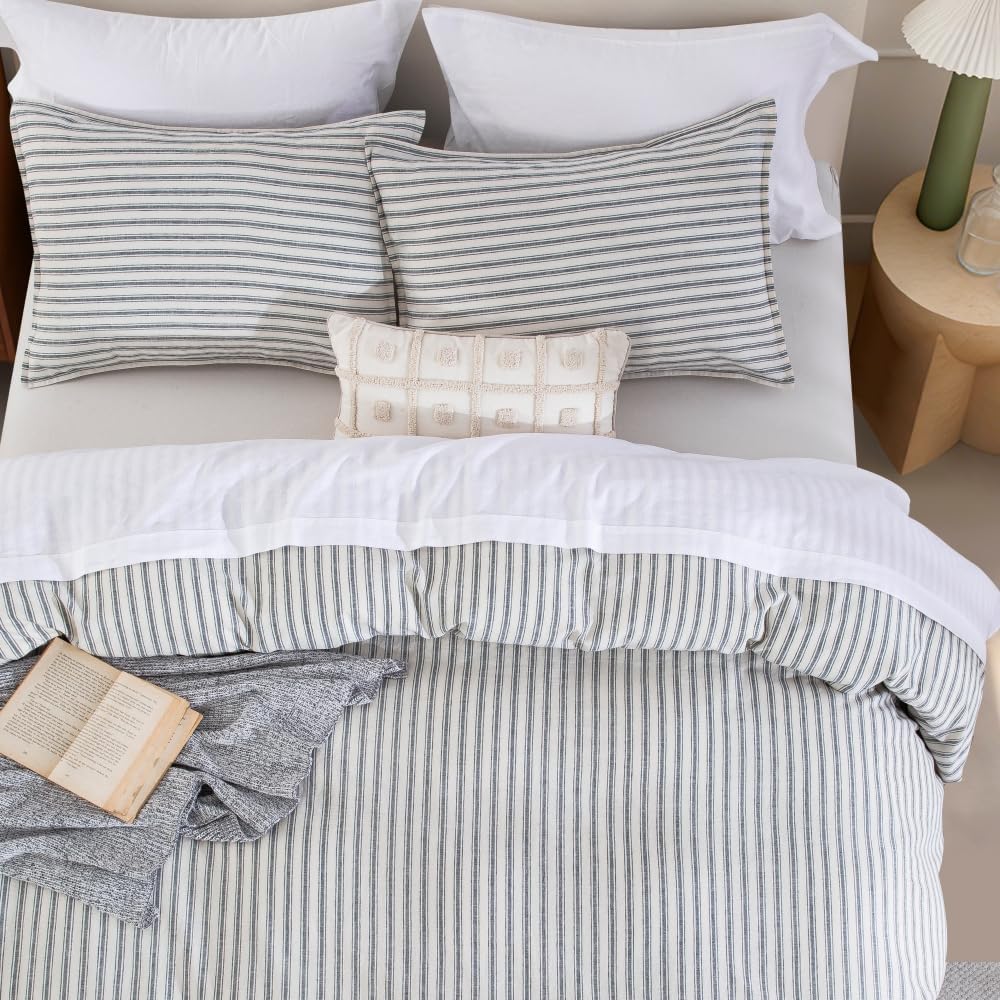 DAUAOTO Linen Blend Queen Size Duvet Cover Set - 92"x88" Duvet Cover + 2 Shams, 55% Linen 45% Cotton Bedding Sets, Striped Navy Blue