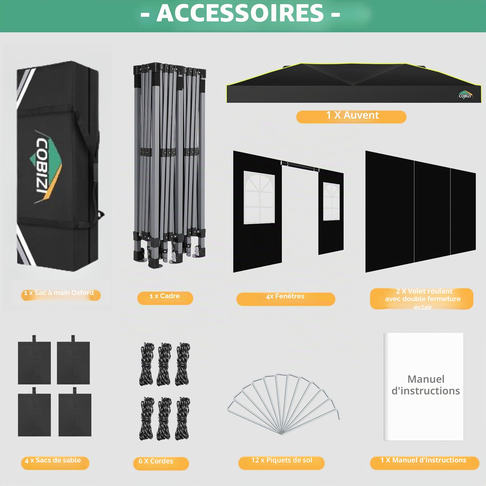 COBIZI Tonnelle Pliante 3x6, Tonnelle de Jardin Exterieur, Imperméable Tente de Reception avec 6 Panneaux Latéraux, Protection UV 50+, Tonnelle de Jardin pour Fêtes Commercial Mariage,Noir