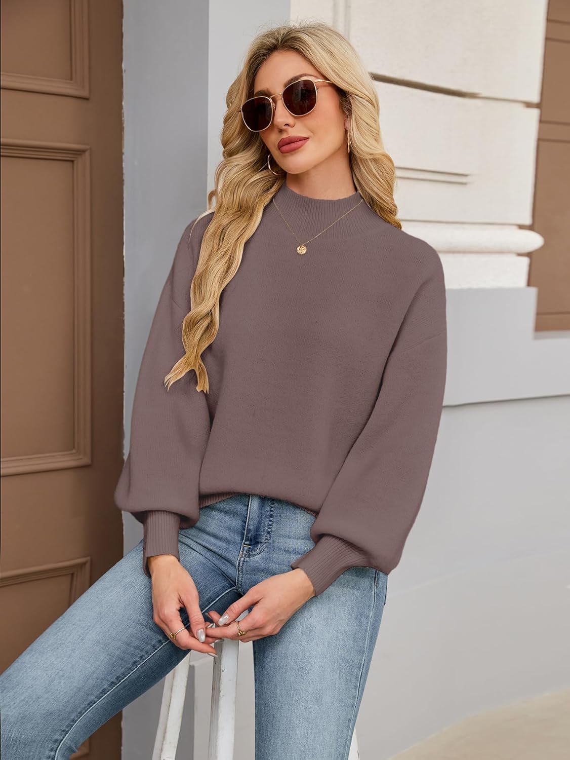 Womens Oversized Cute Checkered Sweater Fall 2025 Trendy Preppy Chunky Knit Mock Neck Long Sleeve Pullover Sweaters - Image 6