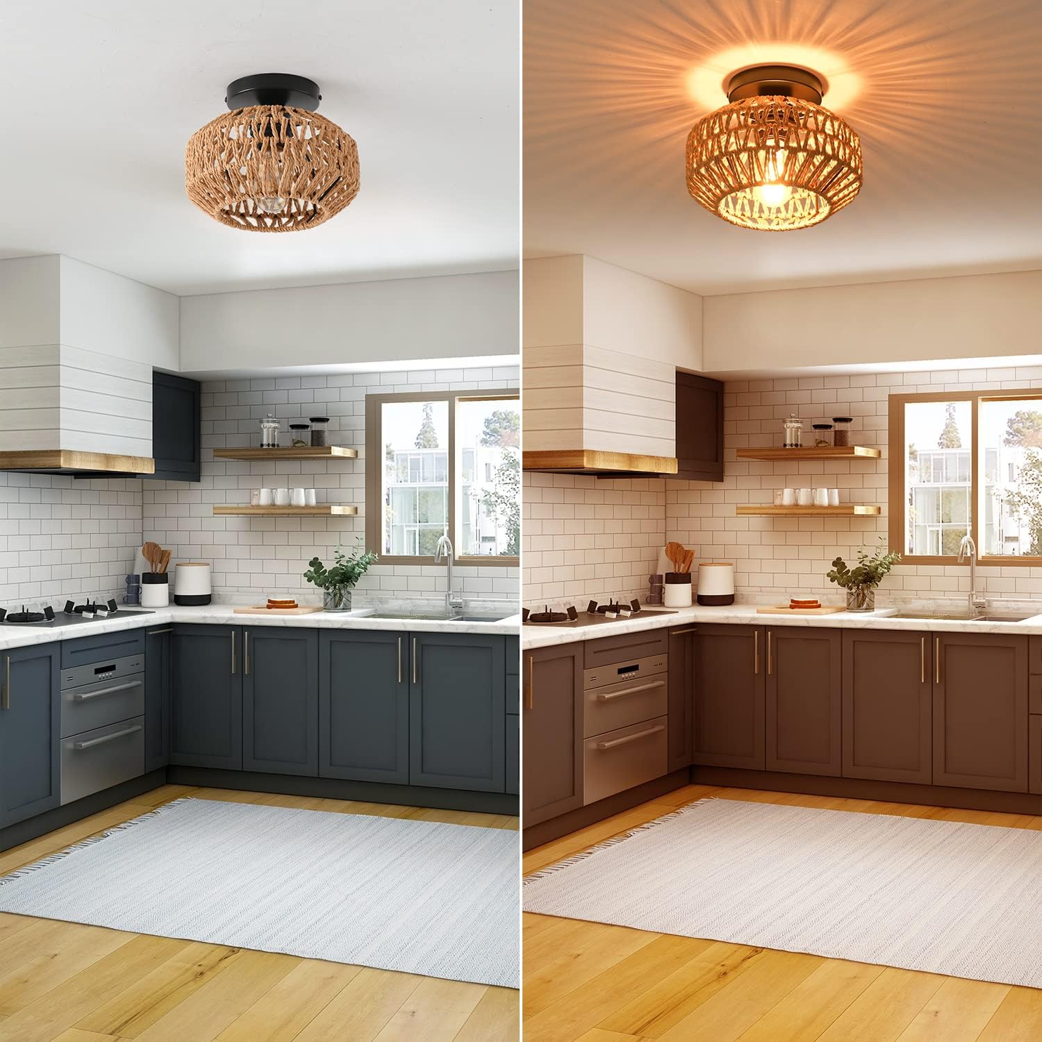 2 Pack Farmhouse Light Fixtures Ceiling Mount,Mini Rattan Boho Semi Flush Mount Ceiling Light,Hand Woven Hallway Light Fixtures for Bedroom Entryway Nursery Study Room