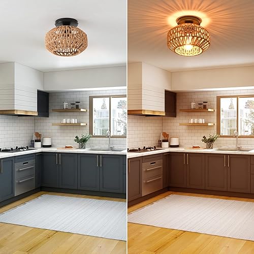 Miniatura 8 de Paquete de 2 lámparas de casa de campo para montaje en techo, mini lámpara de techo de ratán bohemio semiempotrada, lámparas tejidas a mano para