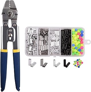 Fishing Crimp Pliers Crimping Tool Kit - 500pcs Crimp Sleeves and Fishing Beads Set Heavy Duty Hand Crimper Plier Set Fishing Wire Leader Rope Crimper Copper Aluminum Double Single Loop Sleeves