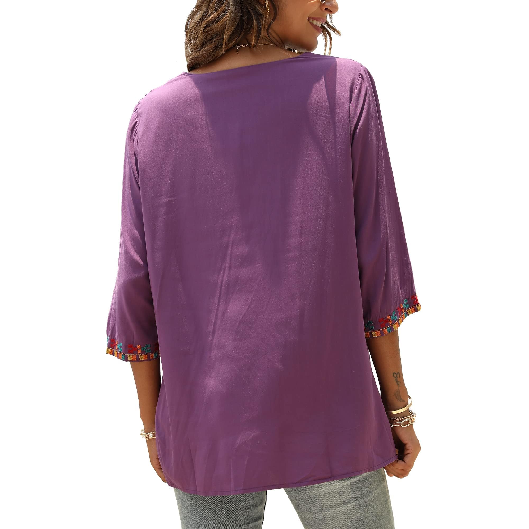 Grosy Haut brodé bohème pour femme, style hippie, chemisier paysan mexicain et tunique bohème traditionnelle, violet, Small