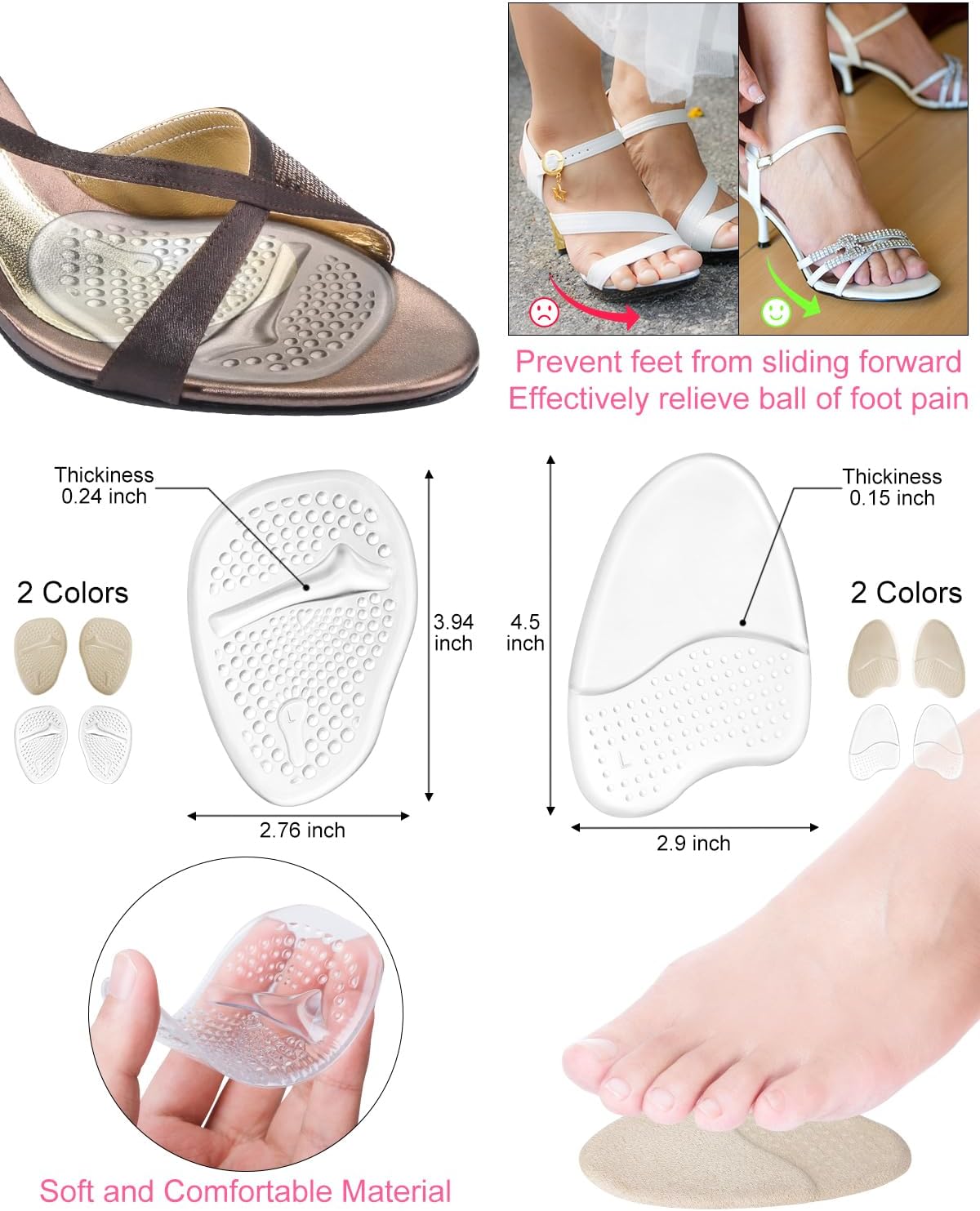 10Pcs High Heel Comfort Pads, Ball of Foot Cushions for Heels, Silicone Shoe Inserts for Women Shoes Too Big, Soft Shoe Pads Insoles for High Heels (Clear-Silicone)