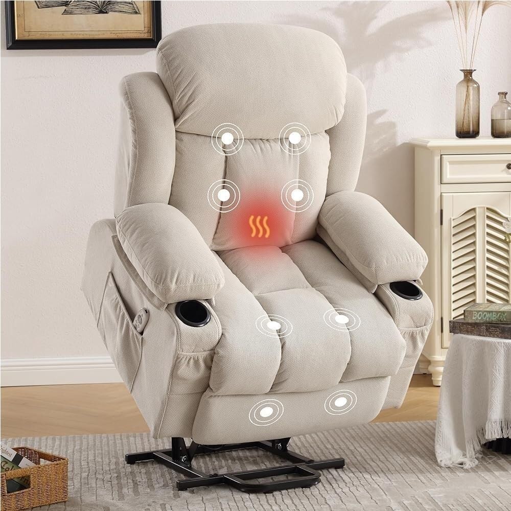 Recliner Chair Power Lift Adjustable Recliner Sofa PU Leather Lay Flat Heat Massage Adults Elderly Living Room