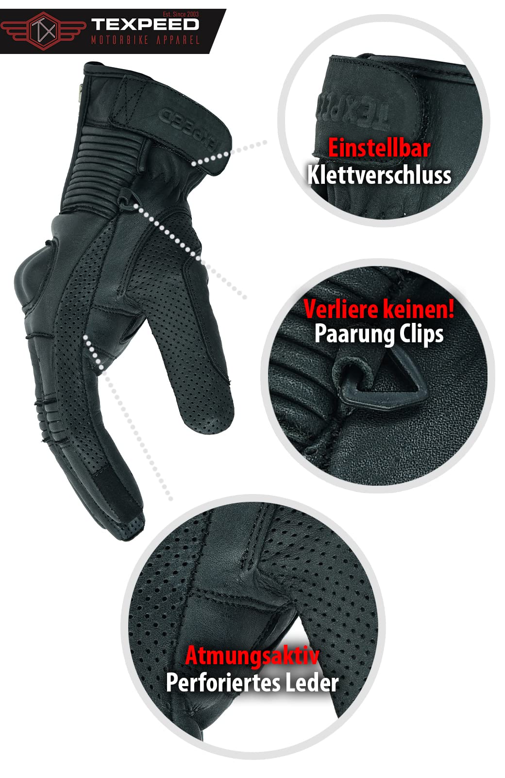 Texpeed Motorradhandschuhe Herren Leder - Biker Moped Gepanzert Knöchelschutz - Für Sommer oder Winter Schwarz - (L)