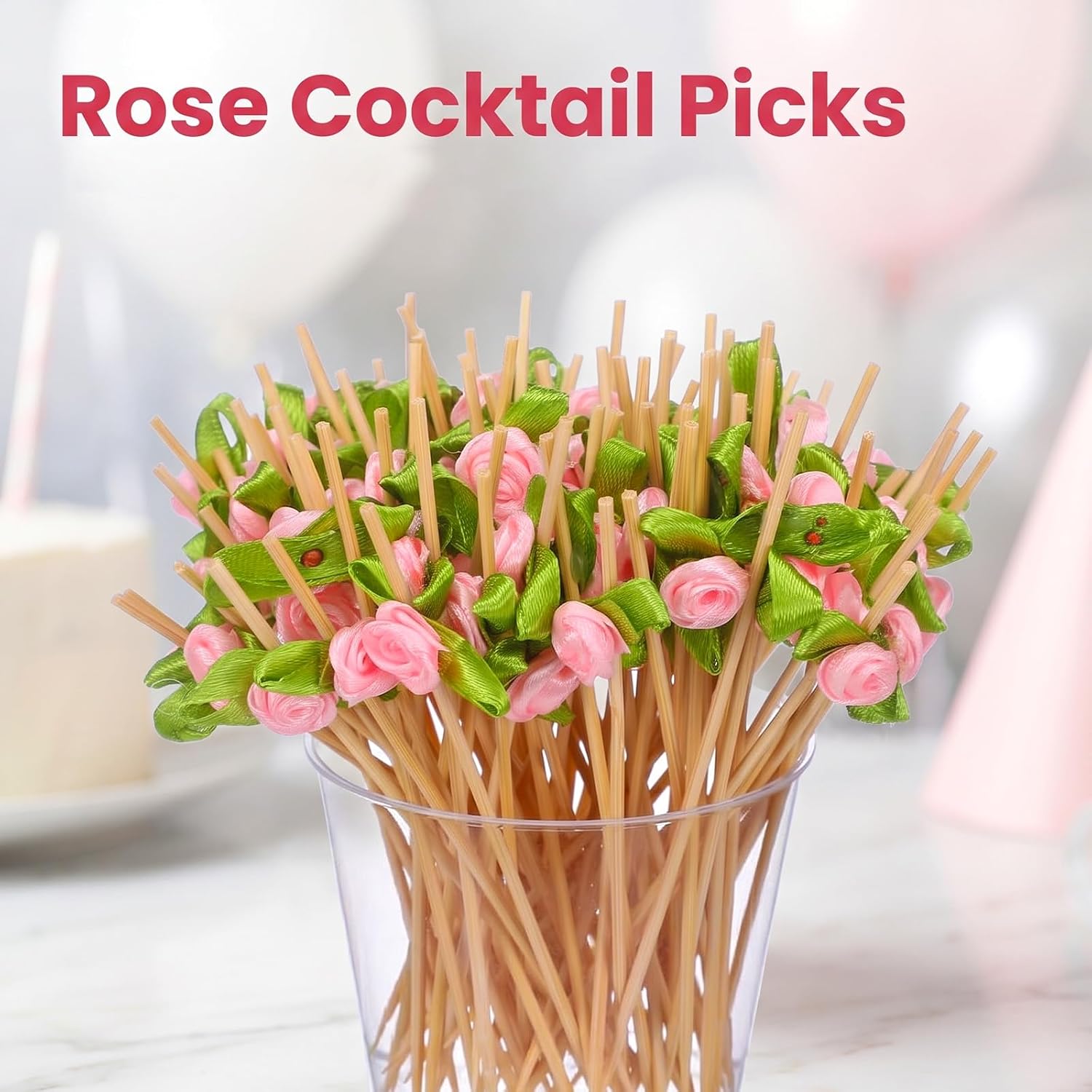 100 Pcs Pink Rose Flower Bamboo Cocktail Picks Pink Polyester Rose