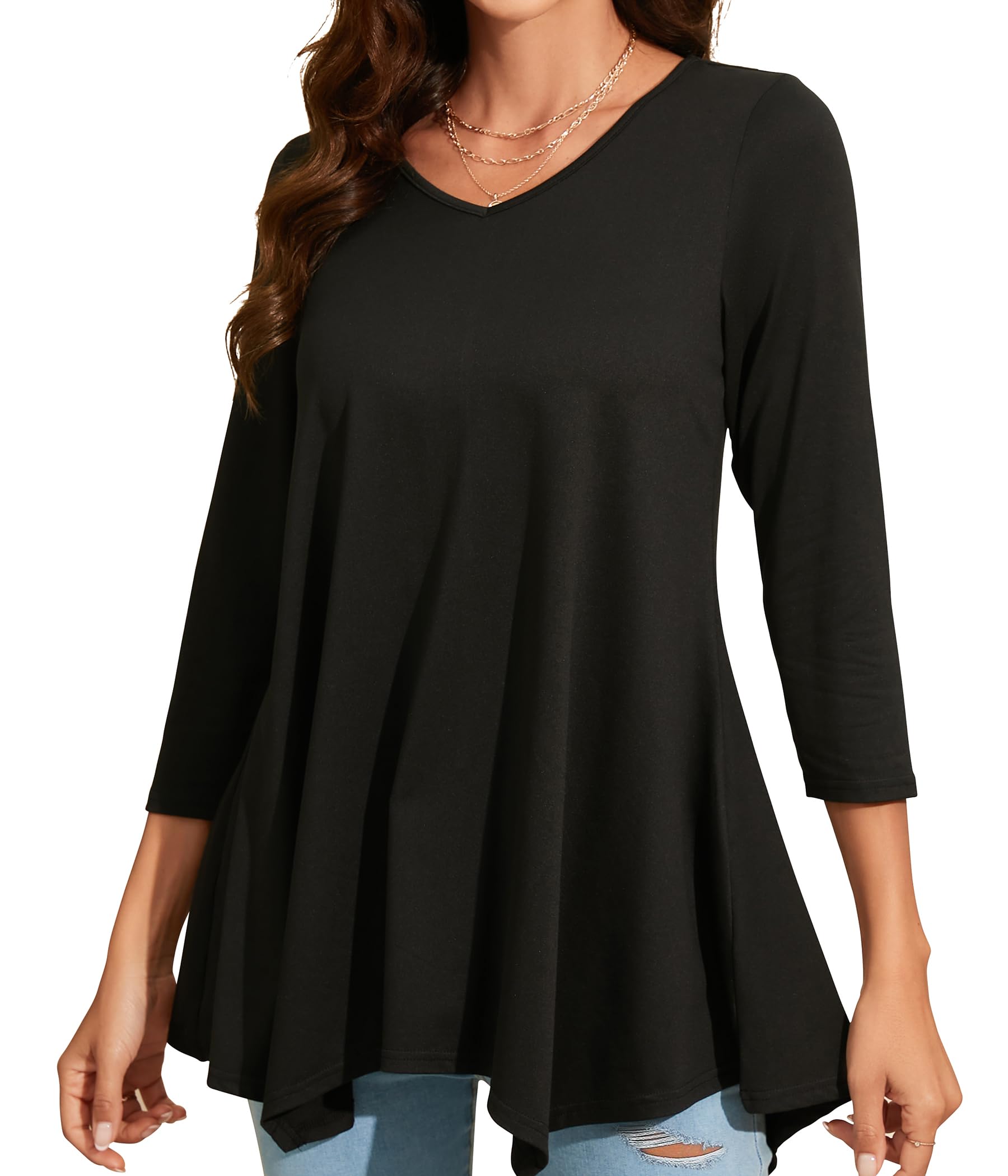 Enmain Maglietta Donna Tunica Scollo V Maniche a 3/4 Top Maglia Manica Lunga Taglie Forti Magliette Donna Tinta Unita Elegant Lungo Camicetta con Stampata
