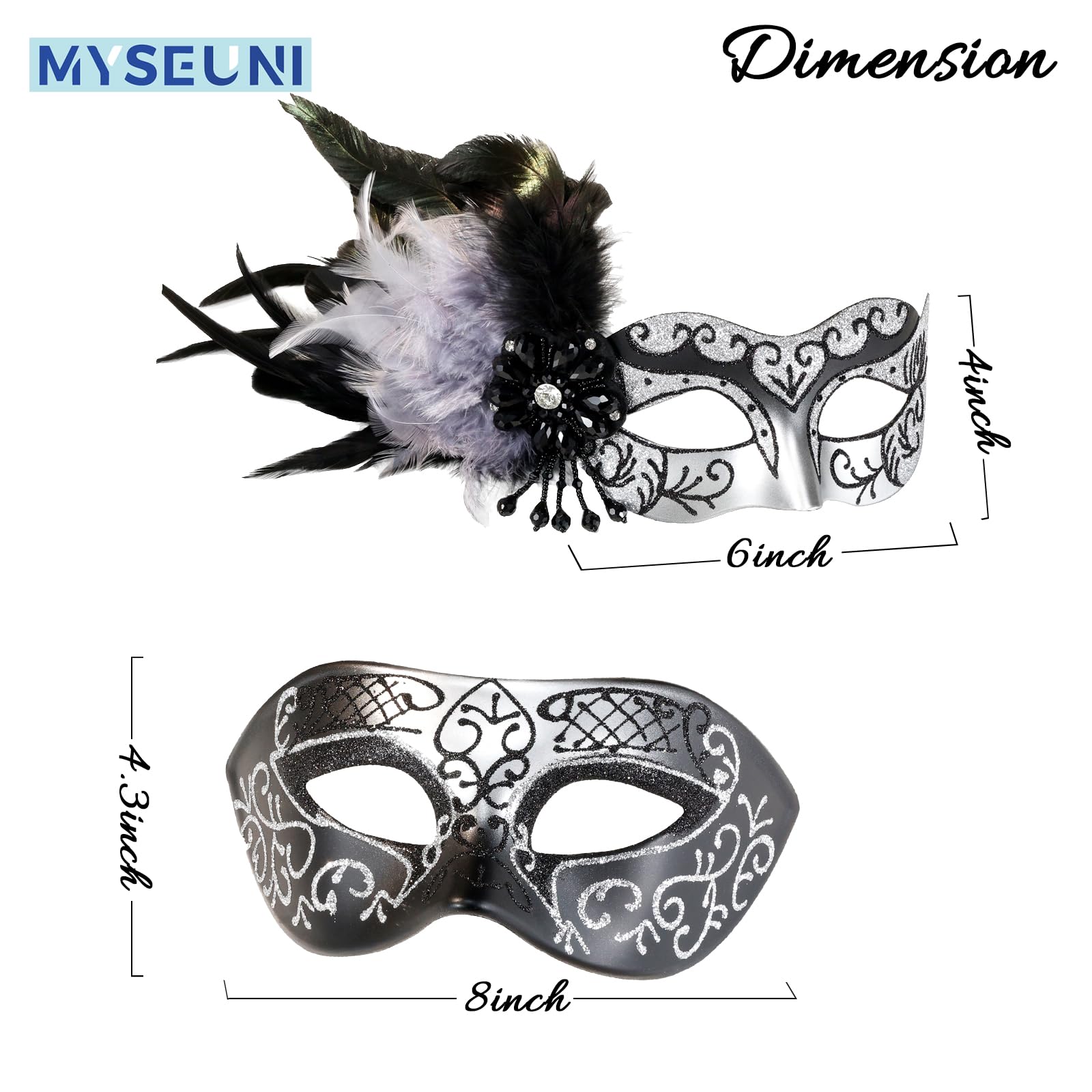 MYSEUNI Silver Masquerade Mask for Couples -Masquerade Masks for Women with Feathers & Venetian Half Mask Halloween for Mascarade Party Mardi Gras - Image 4